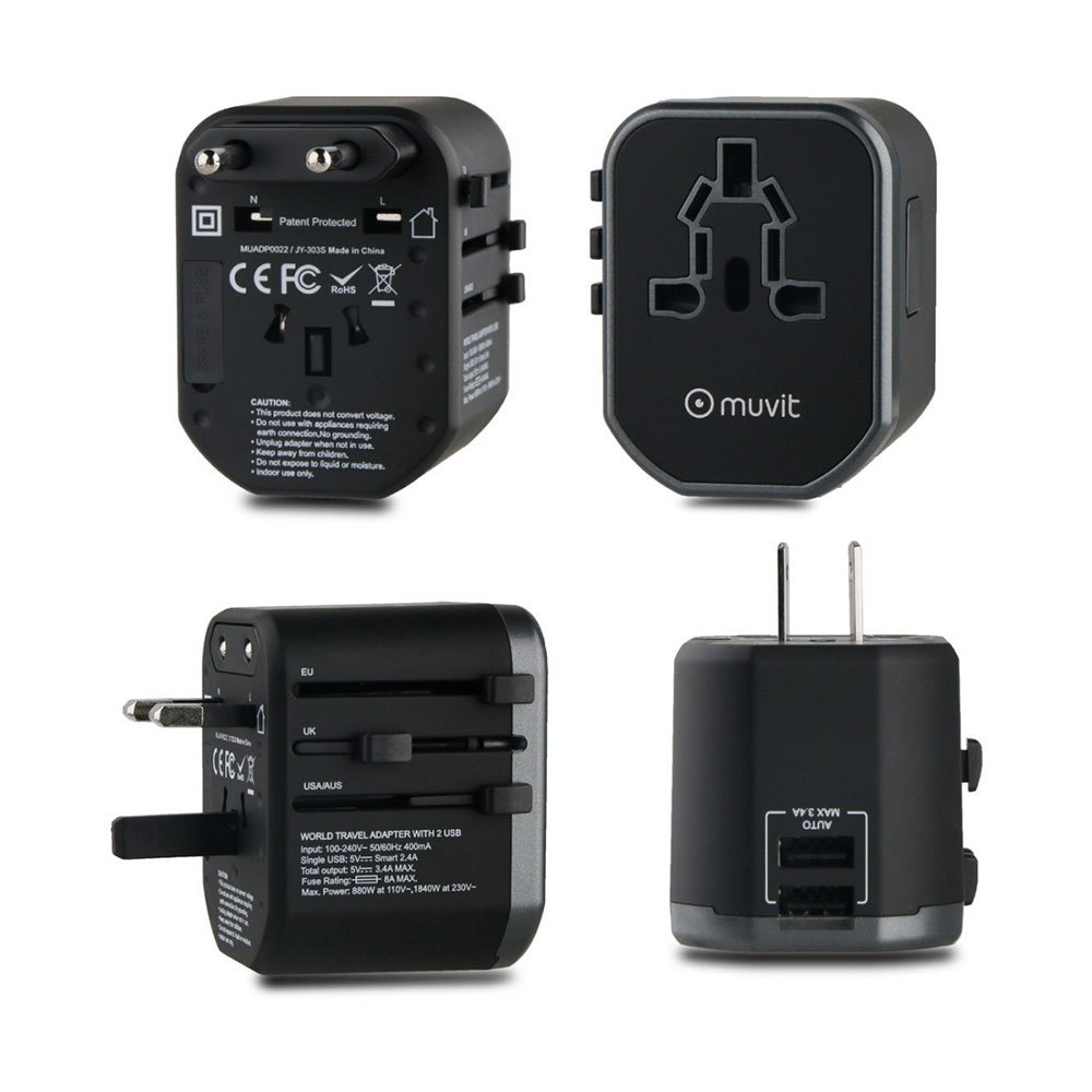 Muvit Universal Travel Adapter (eu. Uk. Us. Au) 2 Usb Ports 5v 3.4a One Size Black / Grey