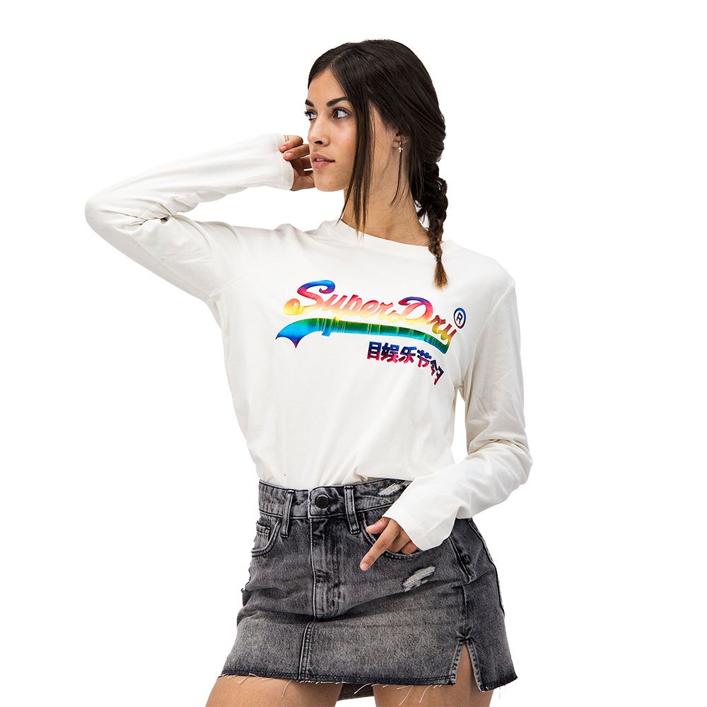 superdry vintage logo rainbow ls top long sleeve t-shirt blanc s femme