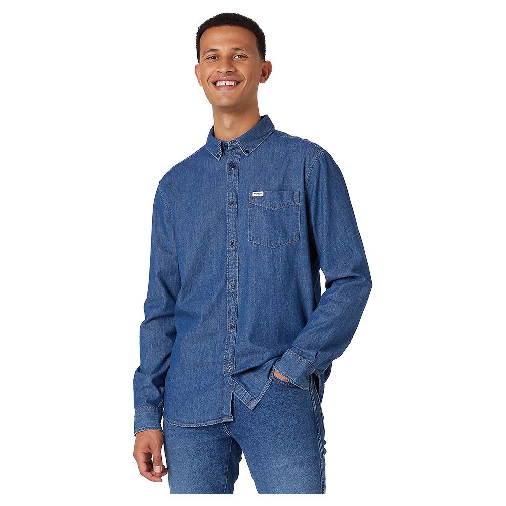 wrangler 1 pocket down regular fit long sleeve shirt bleu s homme